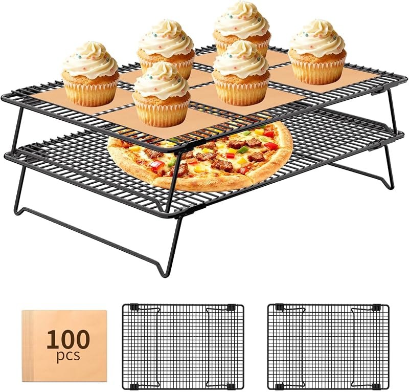 17 * 11 IN 2-Tier Cooling Rack, Wire Baking Rack w/100 Parchment Papers — Cupcake Cooling Rack for cupcake cooling rack