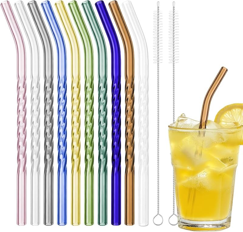 10 Pcs Reusable Glass Straws 7.9” x 8 mm Bent Glass Straws Colorful — glass smoothie straw for glass smoothie straw