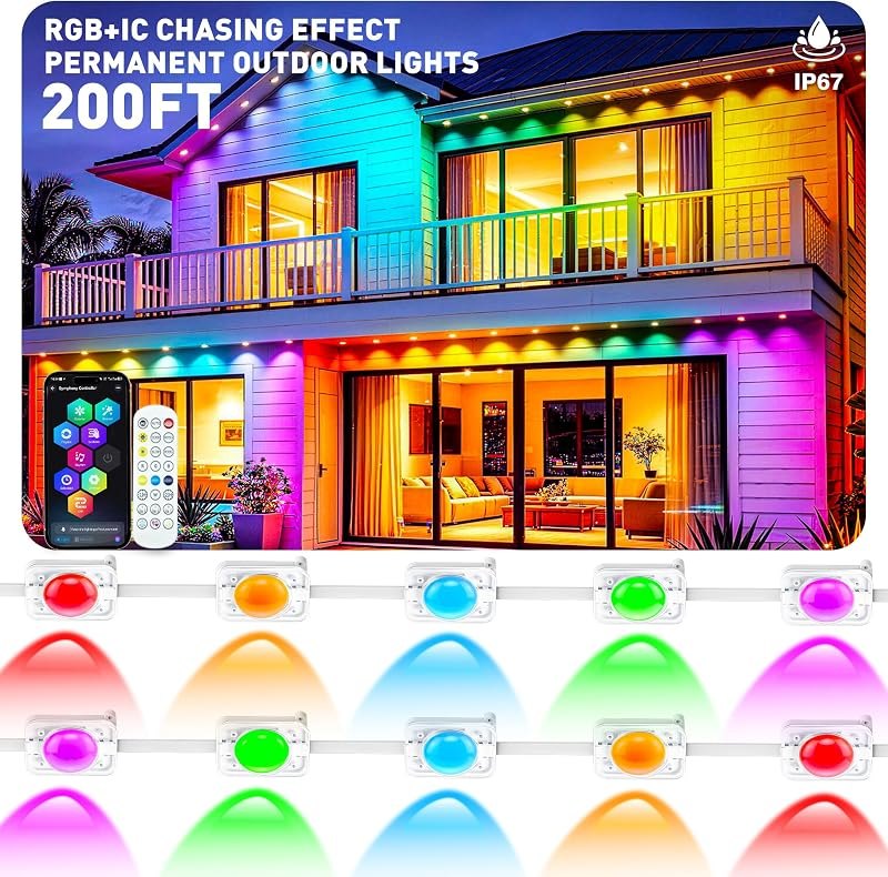 200FT Permanent Outdoor Lights, Smart RGB+IC Eaves Lights for House, App & Remote Control, LED Roofline Lights