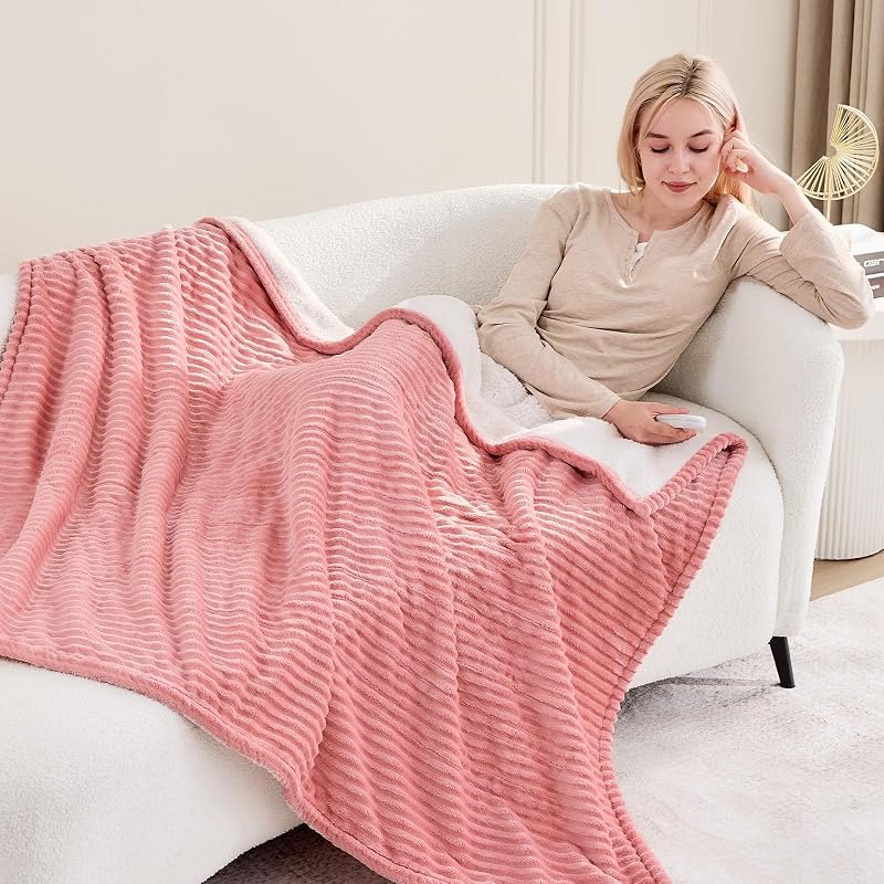 Pink Heated Blanket Throw, Ribbed Electric Blanket, Gift for Women — remote control electric blanket for remote