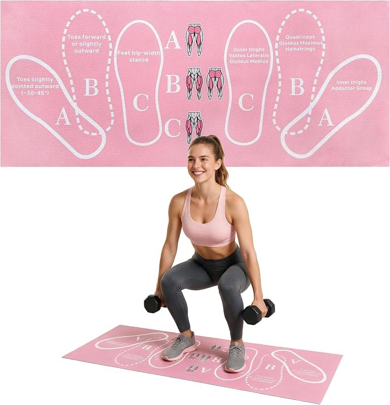 Pink Squat Mat with Foot Position Markers, 31.5" x 13.5", Non-Slip Shock Absorbing Home Workout Mat, Scientific Design