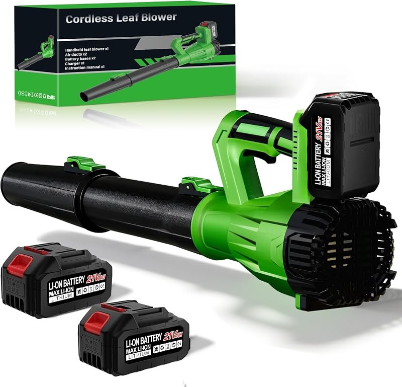 21V Cordless Leaf Blower with 2 Pack 6.0Ah Batteries, Black Green — cleaning Leaf Blower for cleaning leaf blower
