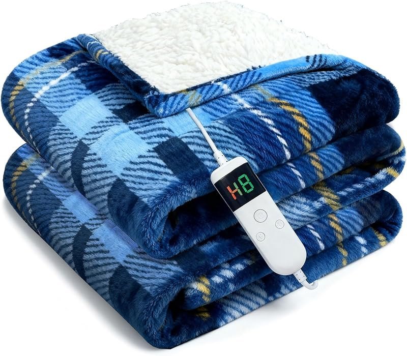 Electric Blanket Heated Throw, Soft Flannel 50"x60" Plaid Heating Blanket with 8 Hours Auto Off 10 Fast Heating Levels