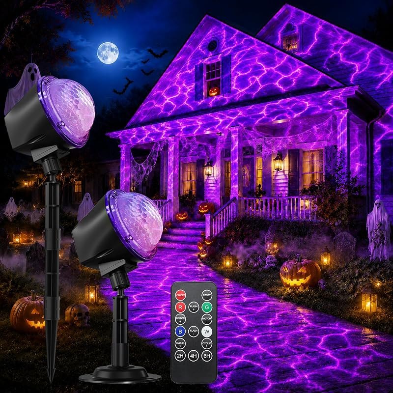 Halloween Projector Lights Outdoor, Ultra Bright Dynamic RGBW Water Ripple Projection Light with Remote, 15 Lighting