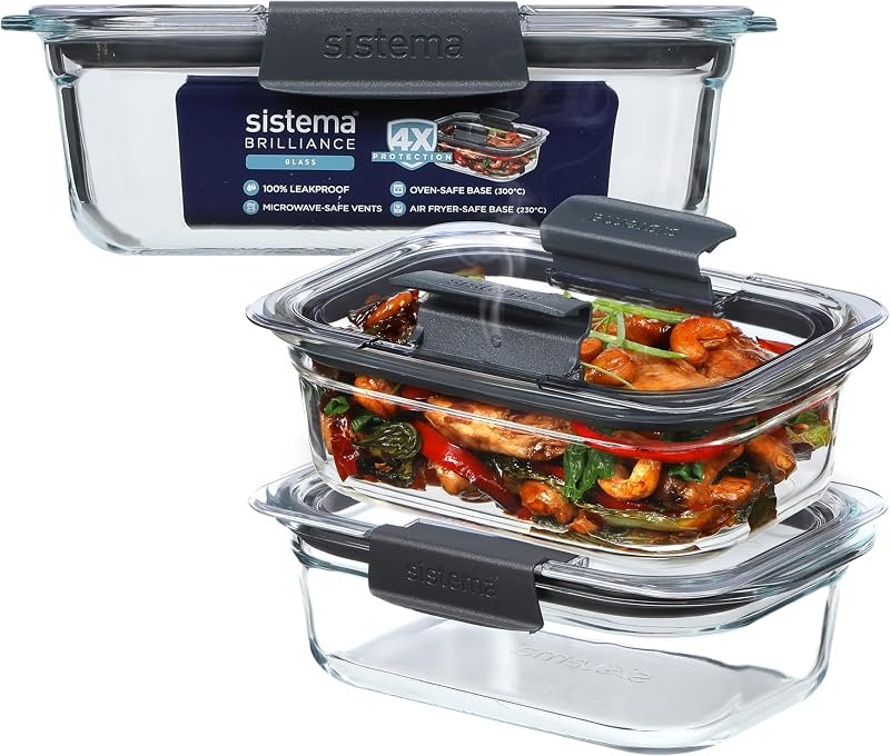 Sistema Brilliance Glass Meal Prep Containers 26 Ounces 3 Pack 100% Leakproof & Airtight, Microwave Vents for