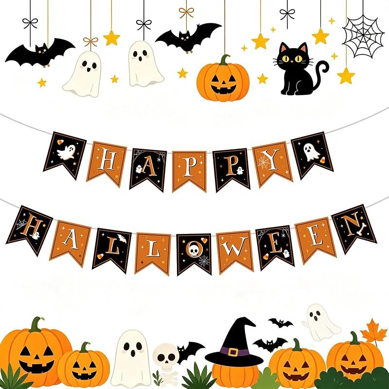 Halloween Decorations Banner - Happy Halloween Sign Paper Banners Garland for Halloween Party Decor Supplies Favors