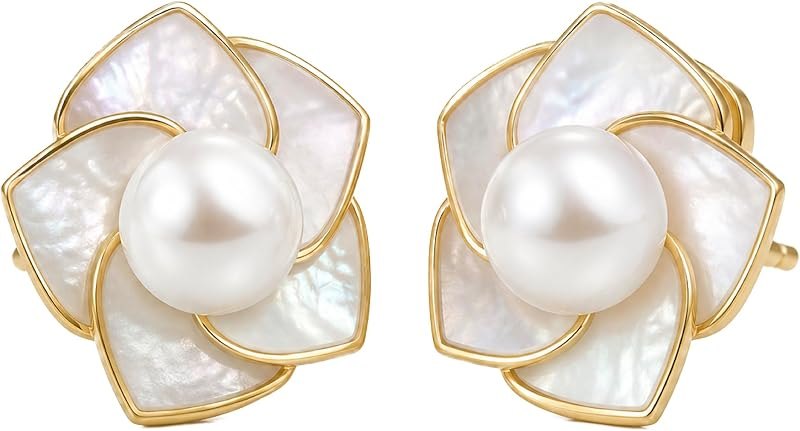 Mother of Pearl Flower Stud Earrings for Women, Genuine Cultured Pearl Centers, Gold-Filled Floral Jewelry with