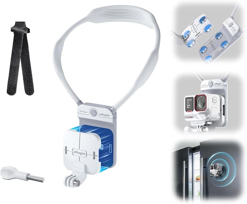 Magnetic Invisible POV Neck Mount, Hands-Free Vlogging Accessories with Backplate Strap for Action Cameras, GoPro