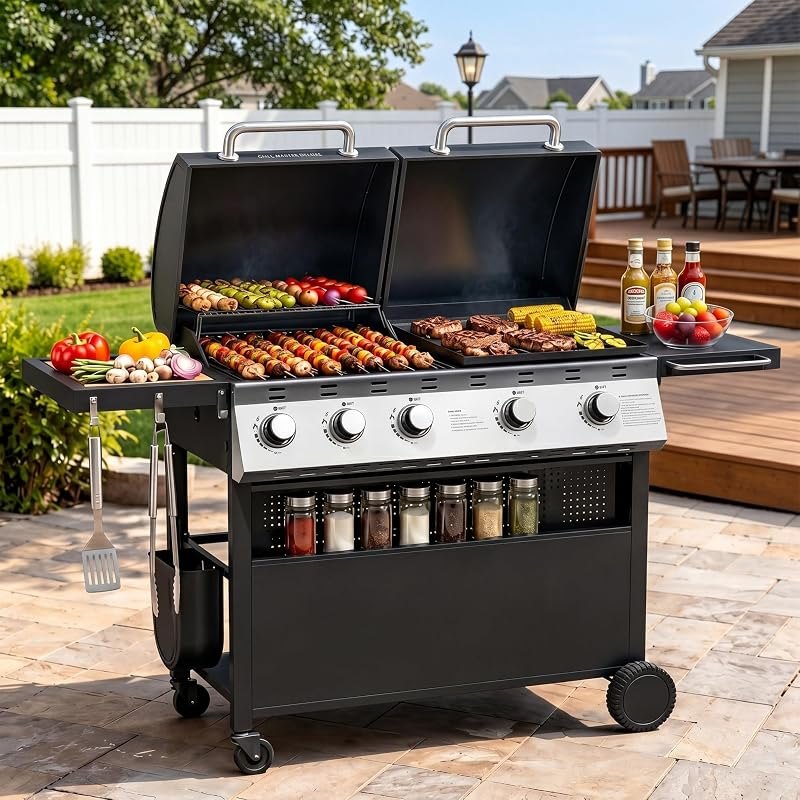 Aoxun 5-Burner Propane Grill Griddle Combo, 54000 BTU 2-in-1 Outdoor Grill — electric outdoor griddle for electric