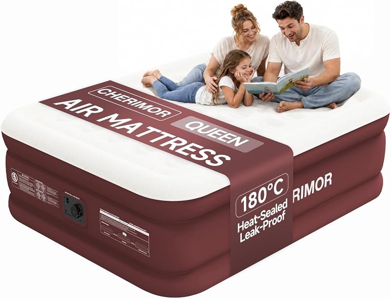 CHERIMOR Queen Air Mattress with Built in Pump, 180°C Heat Seal Leakproof — best inflatable camping mattress for
