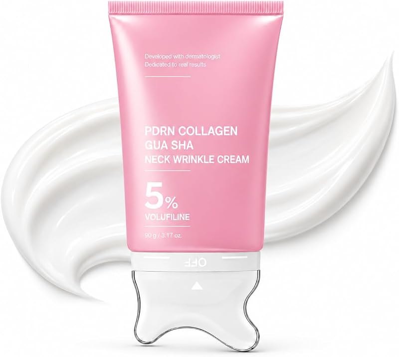 PDRN Collagen Gua Sha Neck Cream with Built-in Gua Sha Massager with Volufiline 5% for Fine Lines, Jawline, Neck &