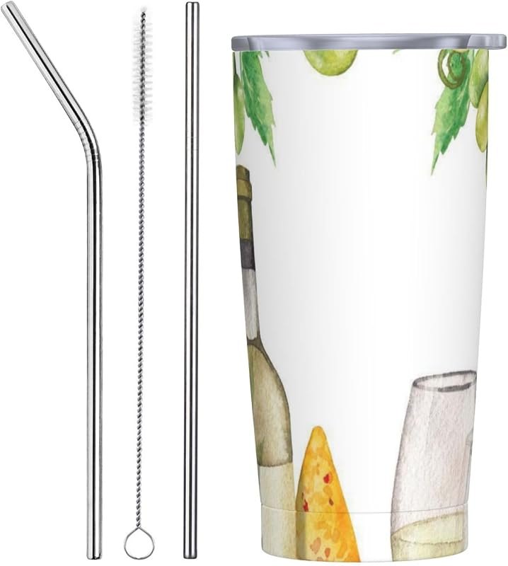 Watercolor Glasses Of White Wine Bottles 20oz Tumbler Stainless Steel Straw Set, Reusable Straight Bent Straws With