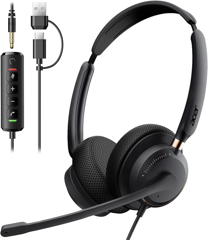 Acer USB Headset with Microphone for PC, Wired Computer Headset for Work — Teams certified headset for teams certified