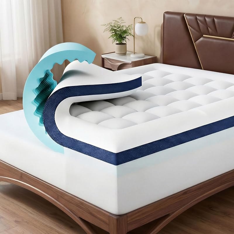 4 Inch Dual Layer Memory Foam Mattress Topper Queen Size - 2 Inch 1000GSM Soft Pillow Top Mattress Pad & 2 Inch 5-Zone