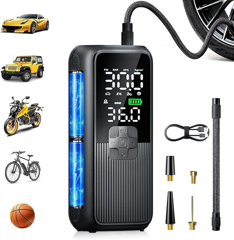 Tire Inflator Portable Air Compressor For Car Tires Bike Motorcycle & Balls — portable air compressor 150psi for