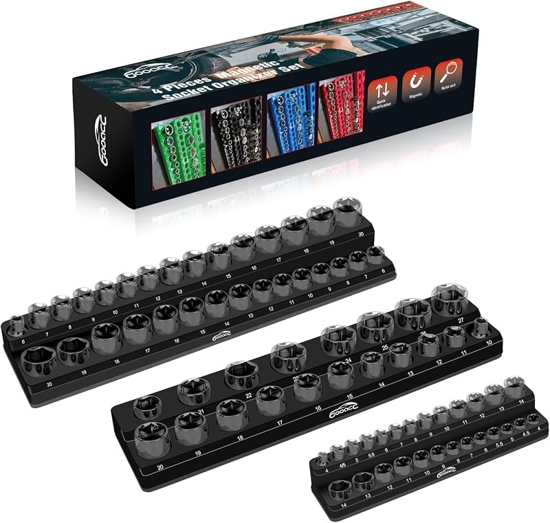 GOOACC 3 PCS Magnetic Socket Organizer Set, Heavy Duty Metric Socket Organizer Tray 1/4" 3/8" 1/2" Impact Drive