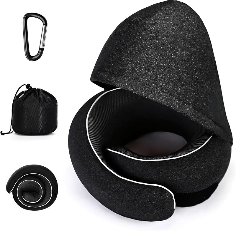 Travel Neck Pillow for Airplanes with Hood, Memory Foam Airplane Neck Pillow with Chin Support, Compact Airplane