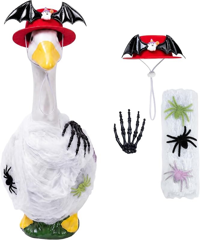 Halloween DIY Porch Goose Outfit for 23 Inch Cement Plastic Lawn Statue - Spooky Bat Hat, Fake Spider Web with 3
