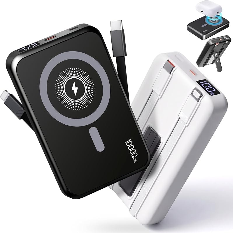 2-Pack Magnetic Portable Charger, 10000mAh Power Bank with Built-in Cables