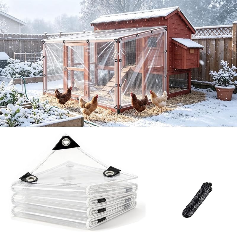8 x 10 FT Chicken Coop Cover for Winter, Waterproof Clear Tarp with Rope — chicken coop window for chicken coop window