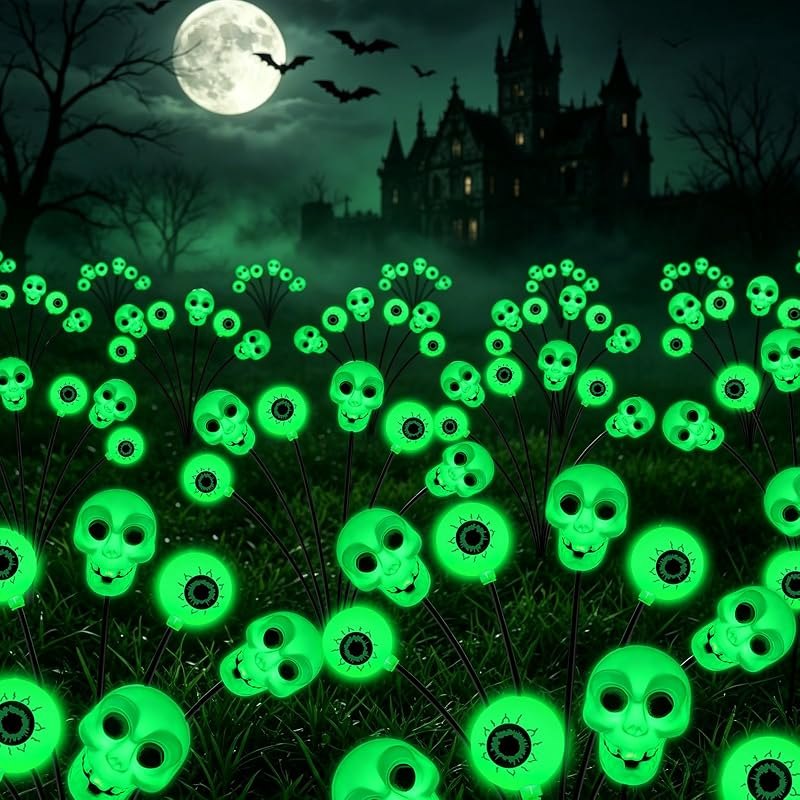 Halloween Decorations Outdoor, 4 Pack 24 LED Green Solar Scary Eyeball Lights, Waterproof Swaying Solar Firefly Light