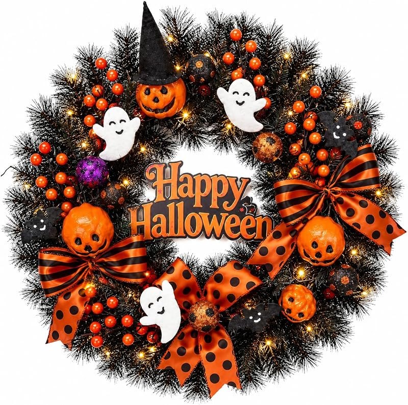 22 Inch Halloween Wreath for Front Door with Light Pumpkin Ghost Decor — halloween door wreath for halloween door wreath