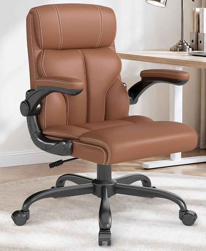 Executive Office Chair, Mid-Back Ergonomic Desk Chair with Flip-Up Arms — bifid leather office chair for bifid leather