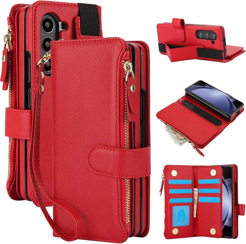 for Samsung Galaxy Z Fold 8 Ultra Wallet Case with Card Holder and Cash Slot Zipper Pocket Wristband RFID Blocking