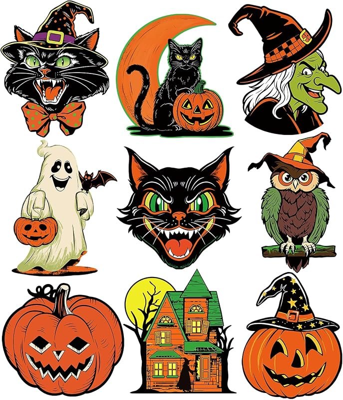 Large Vintage Halloween Decorations Double-Sided Halloween Cutouts Retro Halloween Spooky Ghost Pumpkin Witch Cat