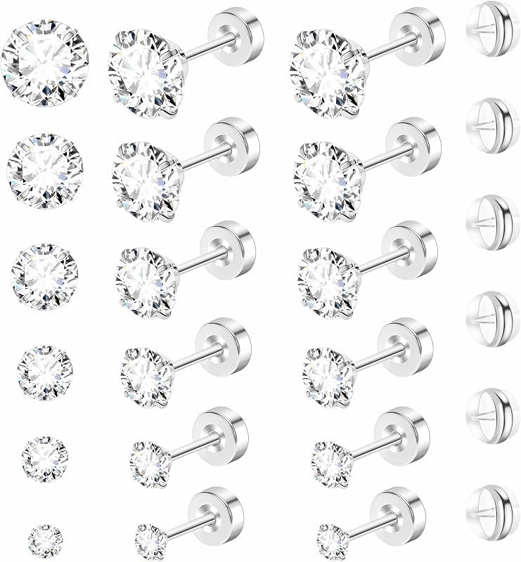 6pairs Flat Back Earrings, Hypoallergenic Stud Earrings, 3-8mm Cubic Zirconia Earrings, Flatback Stud Earrings For