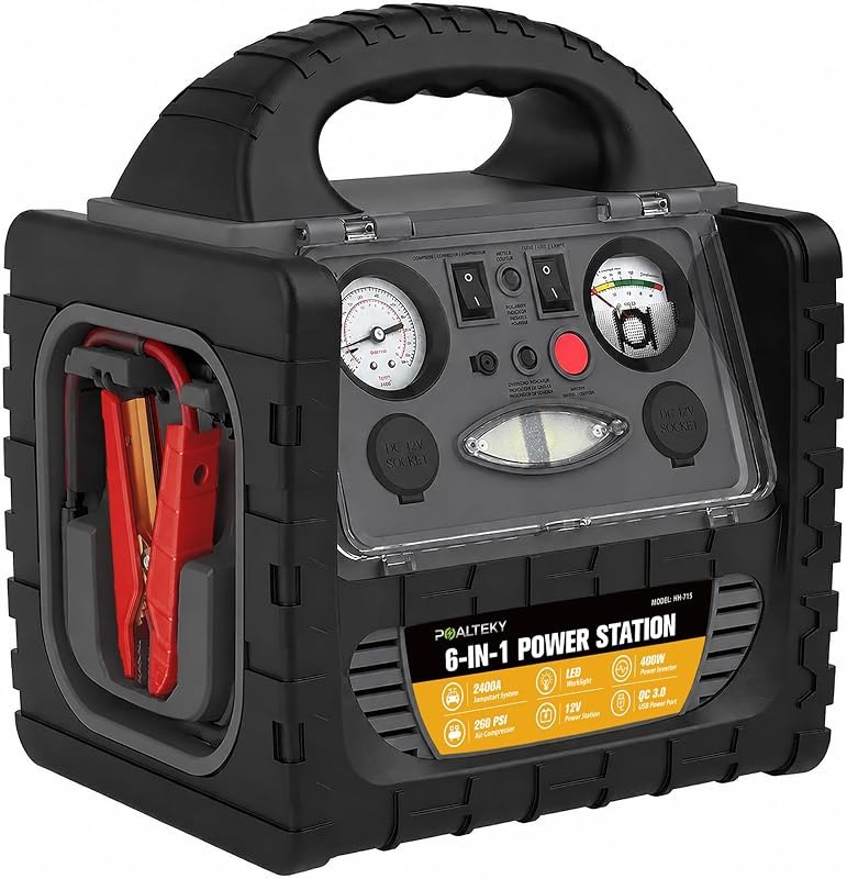6‑in‑1 Car Battery Jump Starter with Air Compressor & 2400A Battery Booster — inverter air compressor for inverter air