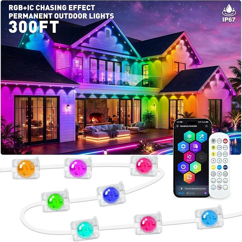300FT Permanent Outdoor Lights, RGB+IC Waterproof Smart LED Eaves Lights with App & Remote Control, for Christmas and