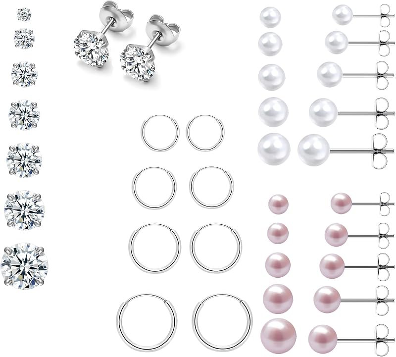 21 Pairs Studs Earrings for Women, 316L Steel Pink Pearl Stud Earrings Set — flat back pearl earrings for flat back