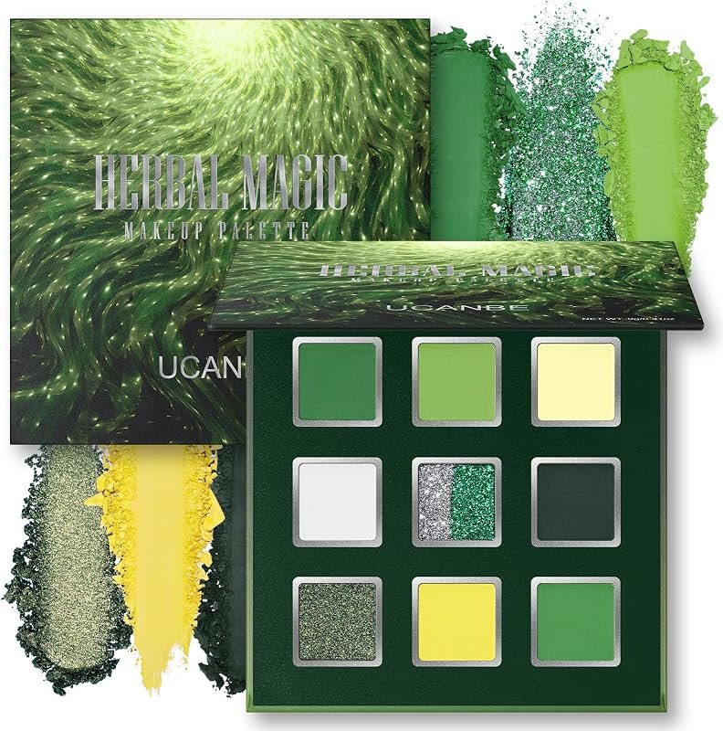 UCANBE 9 Colors Green Eyeshadow Palette, Lime Emerald Forest Shades with Matte Shimmer Dual-Tone Glitter, Eye Makeup