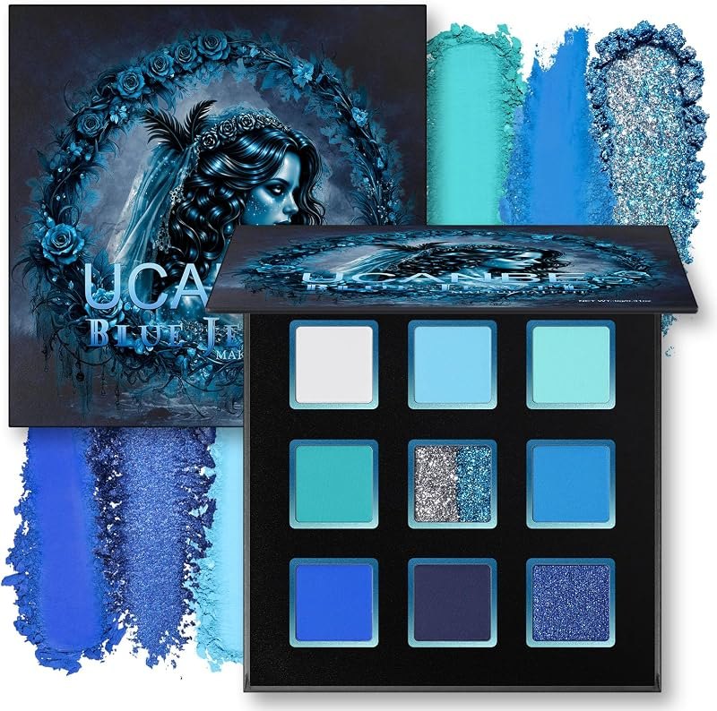 UCANBE 9 Colors Blue Eyeshadow Palette, Turquoise Cobalt Navy Shades With Matte Shimmer Dual-Tone Glitter, Eye Makeup