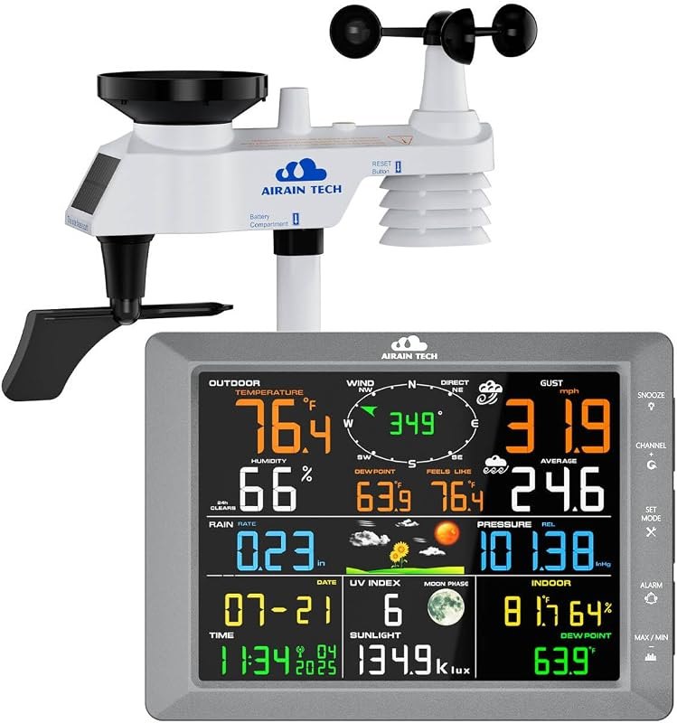 Wireless Weather Station with Outdoor Sensor, Rain Gauge, Wind Speed, Direction, Temperature & Humidity, Moon Phase