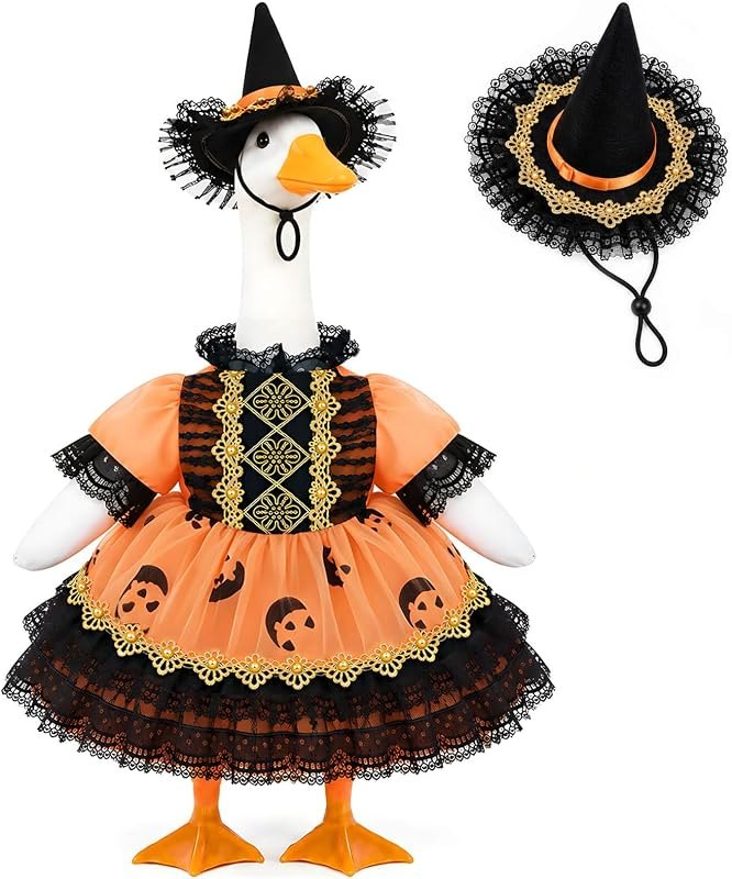 Halloween Porch Goose Outfit for 23 Inch Goose Statue, Pumpkin Witch Dress and Hat Set, Orange Black Porch Goose
