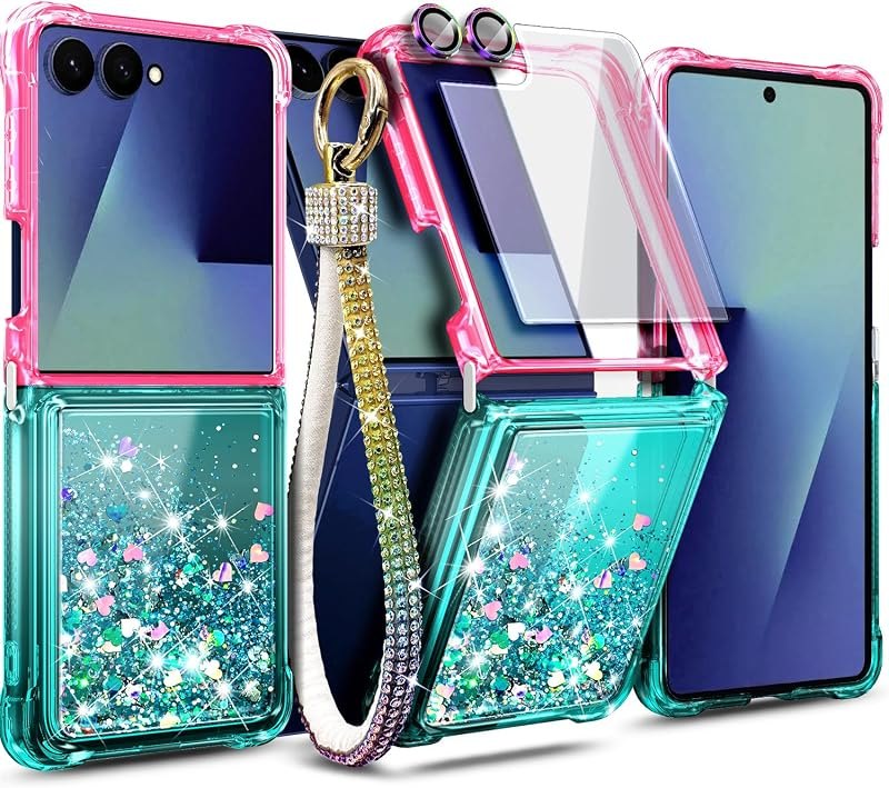 NGB Designed for Galaxy Z Flip 8 Case, Cute Liquid Glitter Pink/Aqua — Galaxy Z Flip 8 strap for galaxy flip strap