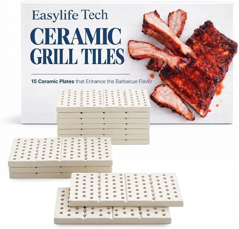 Easylife Tech BBQ Ceramic Grill Tiles 15-Pack - Get Charcoal BBQ Flavor from Your Gas Grill - Self-Cleaning, Reduces