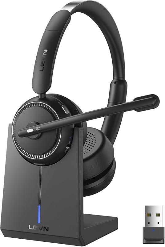 Wireless Headset with Mic for Work, Bluetooth Headset with Microphone Noise Cancelling & Mute Button, 65H Working Time