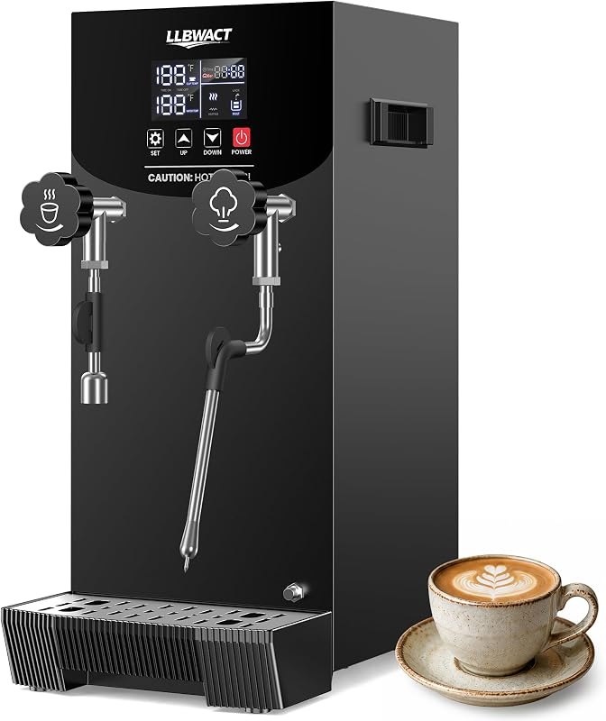 Commercial Steam Milk Frother with Instant Hot Water Tap,1.6 Bar 15s Fast Frothing,2000W Fast Heating,8L SUS304