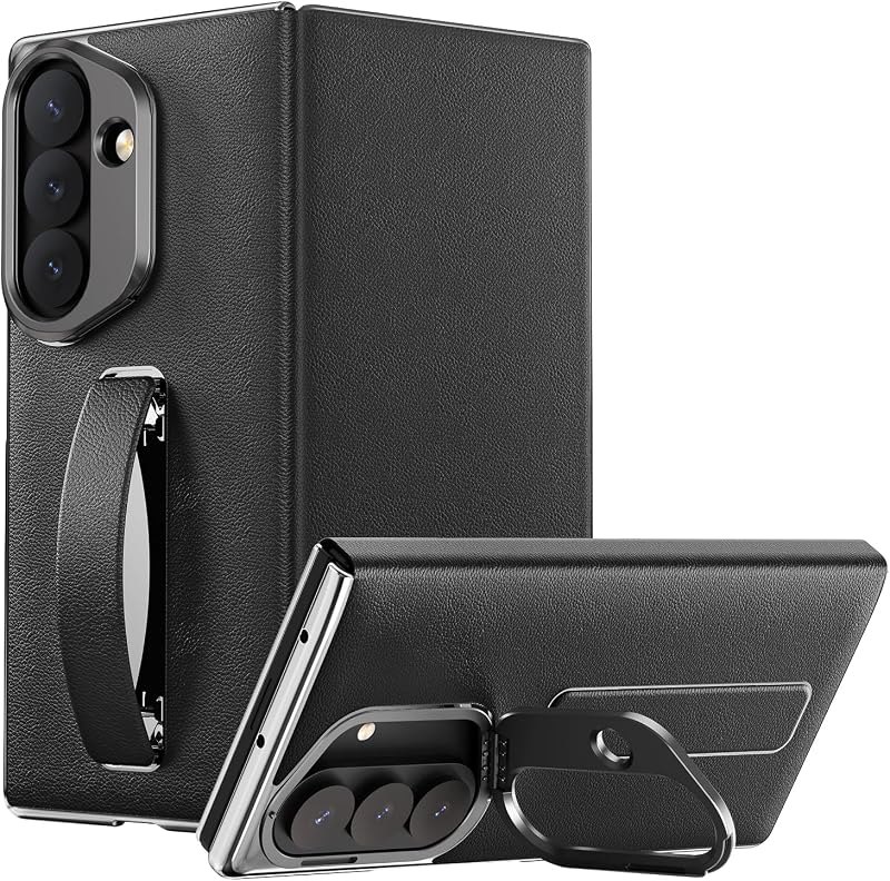 Galaxy Z Fold 8 Ultra Leather Case with Finger Loop &Kickstand Black — galaxy z fold 8 ultra band for galaxy fold