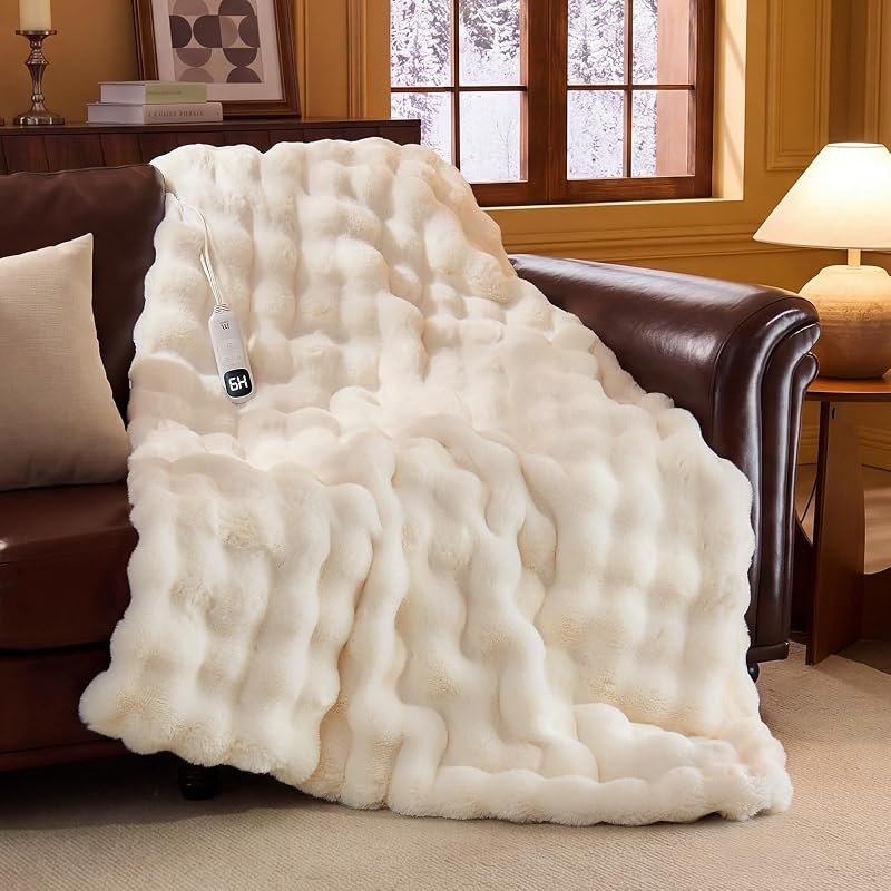 Heated Blanket Faux Rabbit Fur Electric Throw Blanket 50”x62“ ,Cream — heated throw blanket for heated throw blanket