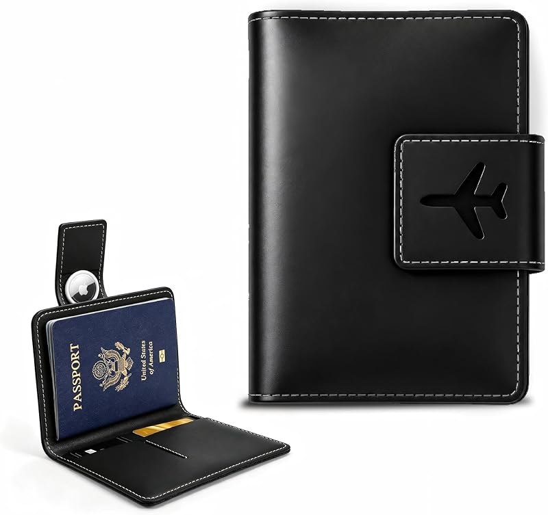 Travel Passport Holder, Genuine Leather Passport Wallet with AirTag Slot, RFID-Blocking, for Travel, Compact and
