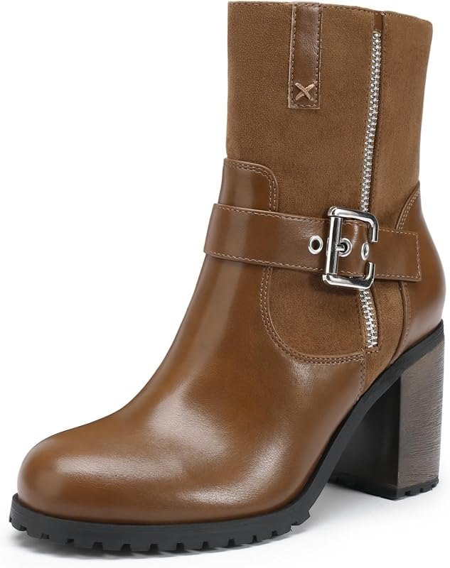 Womens Round Toe Chunky Block Heel Ankle Booties Metal Buckle Side Zipper Fashion Short Boots for Casual and Dress
