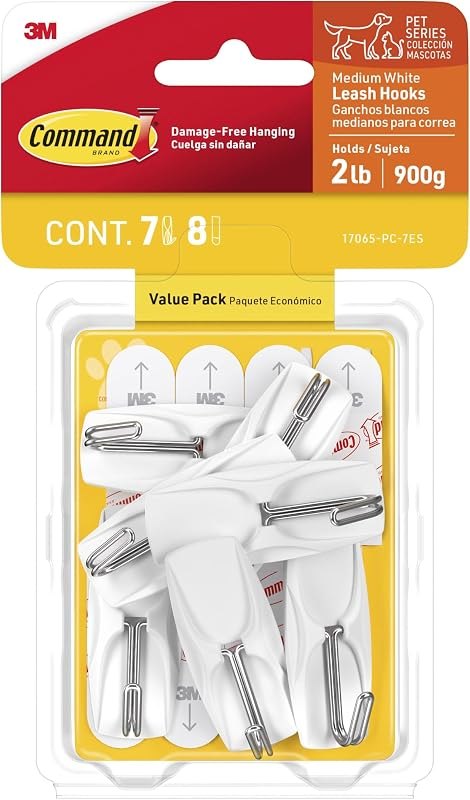Medium White Wire Hooks, 7 Hooks, 8 Strips, Damage Free Hanging Wall Hooks with Adhesive Strips, No Tools Required for