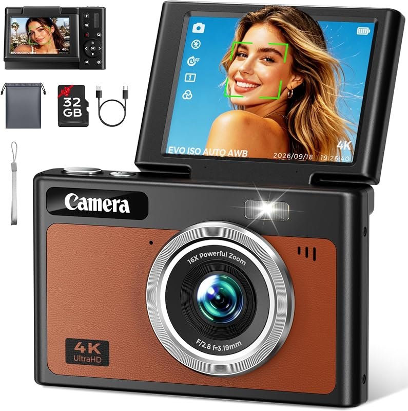 Digital Camera, UHD 4K Autofocus Camera for Photography, 2.8" 180°Flip Screen, 16X Zoom Anti-Shake, Portable Compact