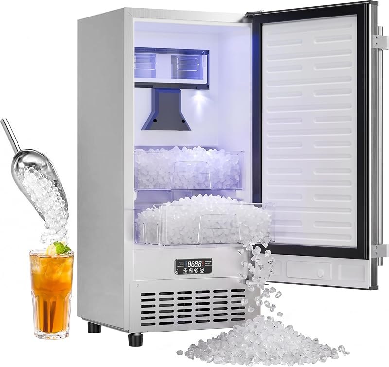 Coolake 15" Undercounter Nugget Ice Maker Machine, 100Lbs/Day Outdoor Pebble Ice Maker with Double Ice Baskets