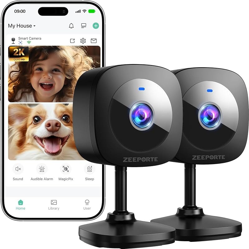 ZEEPORTE 2K Indoor Cameras for Home Security - Baby Monitor and Dog Pet Camera with Motion Detection, Night Vision