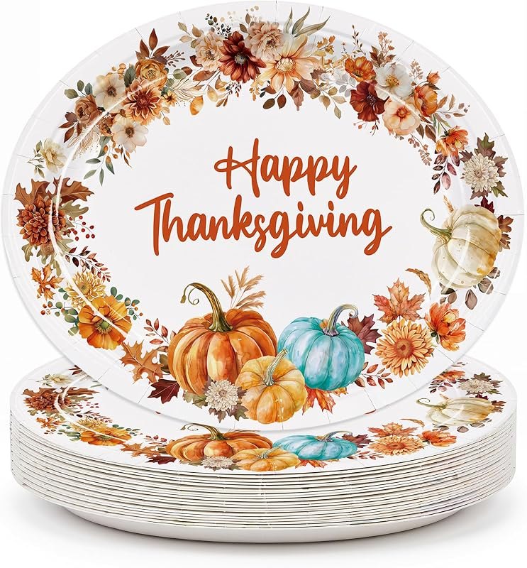 50Pcs Happy Thanksgiving Fall Themed Disposable Paper Plates Party Supplies — best Thanksgiving Dinner Platter for